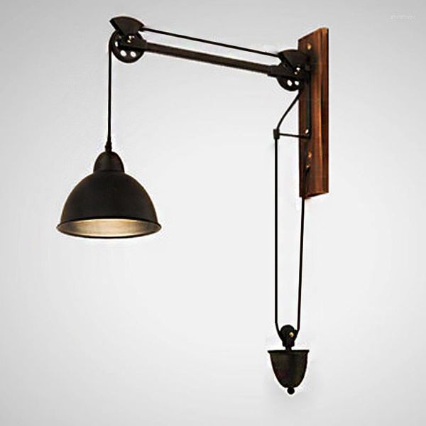 Lámpara de pared Retro Vintage hierro negro polea rueda LED Loft telón de fondo candelabro Industrial luz de madera para sala de estar Café Bar