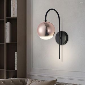 Lámpara de pared de cristal nórdico de oro rosa Led para interiores, bola redonda creativa, decoración de pasillo para dormitorio, luces modernas para mesita de noche