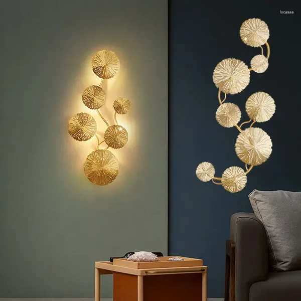 Lámpara de pared Sconce G4 Bombillas Cobre Led Lustre Oro Hoja de Loto Luz Interior Vintage Retro Mesita de noche Sala de estar Arte Decoración Hogar