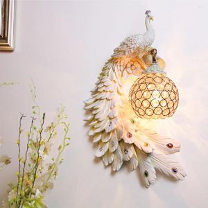 Lámpara de pared SGROW LED Gemelos Pavo real Moderno Creativo Colorido Oro Blanco Luz Cristal Lámparas de metal para pasillo Deco