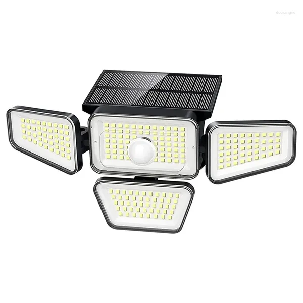 Lámpara de pared Luces solares al aire libre 270 LED 3000LM Sensor de movimiento Luz 4 cabezas 3 modos Inundación inalámbrica alimentada