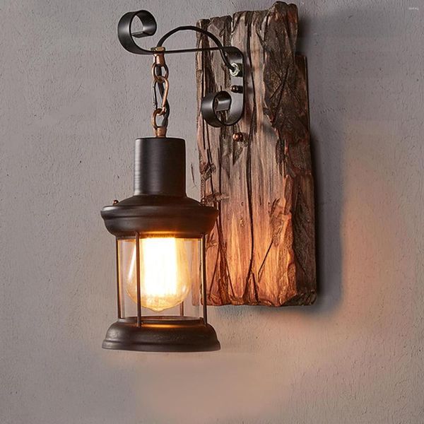 Estilo de la pared Luz de madera industrial E27 Decorar sólida Linterna rústica para corredor de barras