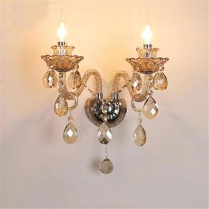 Wall Lamp Vintage Cognac Gray Kroonluchter Europe Style Crystal Decor Smoke Gray Gray E14 Candle Sconces voor slaapkamer woonkamer thuis