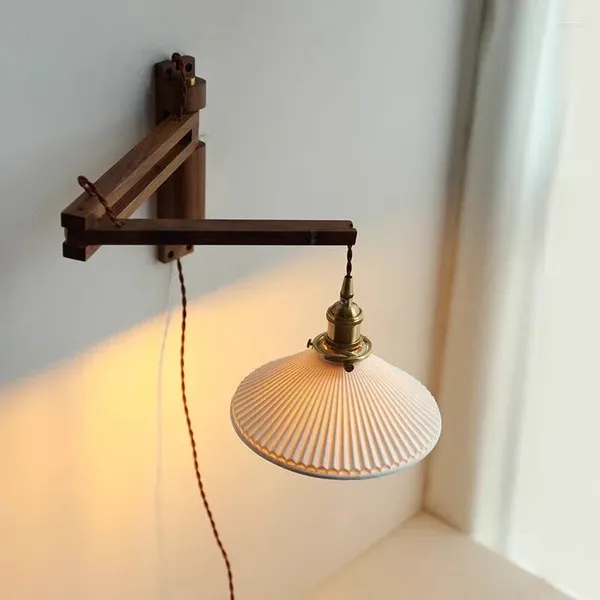 Lámpara de pared plegable plegable madera maciza nogal wabi-sabi latón de latón japonés dormitorio de casa
