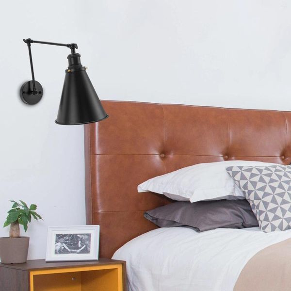 Lámpara de pared Vintage cuerno brazo oscilante aplique luz dormitorio iluminación ajustable negro