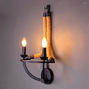 Wall Lamp Vintage Loft Double Heads Marble Stone gearceerde hand gebreide touw Retro Aisle SCONCE Industrial Light