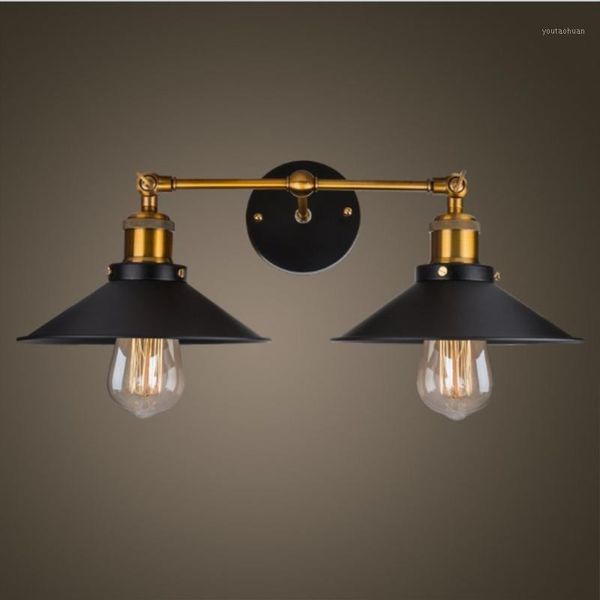 Lámpara de pared Vintage Loft Metal Cabezas dobles Luz Retro Latón Estilo rural E27 Edison Sconce Accesorios Gold Sconce1