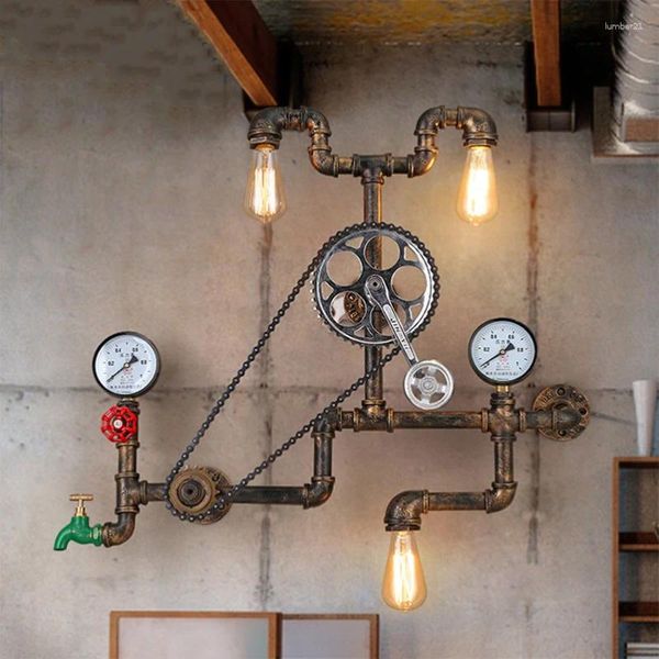 Lámpara de pared Vintage Retro Loft Industrial viento luz personalidad tubería de agua engranaje para restaurante Bar Pub Café pasillo dormitorio luces