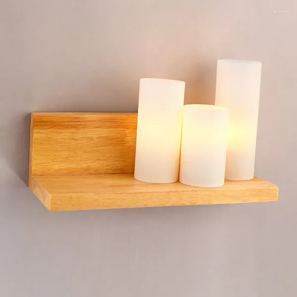 Lámpara de pared de madera, sombra de vidrio blanco, dormitorio, luz LED tipo vela Simple moderna, sala de estar sólida, mesita de noche, personalidad creativa MZ92