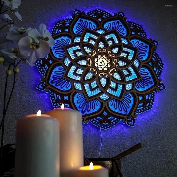 Lámpara de pared Mandala de madera Luz LED Sala de yoga Noche Corte láser de múltiples capas Tallado Colgante elegante