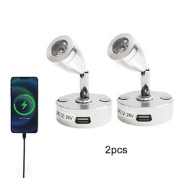 Lampes murales 2pcs / Pack Argent 3W DC12V 24V Lumière LED RV Lampe de lecture à intensité variable avec chargeur USB pour bateau Camper Van Travel TrailerHKD230701