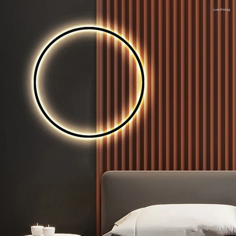 Vägglampor aluminium ring lampa dimbar svart guld USB -pluggbelysning för sovrumssalong El Restaurangens gång