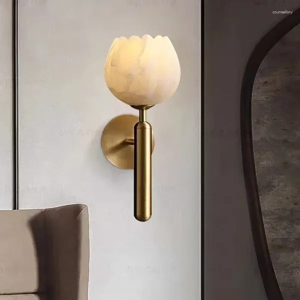 Lámparas de pared Art Deco Lámpara de mármol natural Forma de flor Latón E14 Bombilla Accesorios de iluminación Gota para salón Dormitorio Escaleras Pasillo