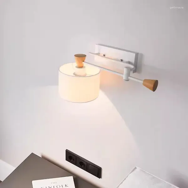 Lámparas de pared tela blanca blanca brazalera de madera sólida plegable lámpara larga lámpara LED dormitorio luces de lectura