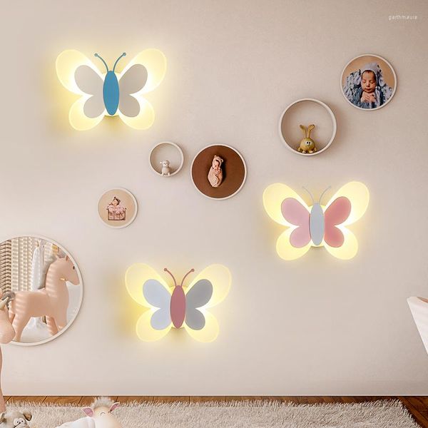 Lámparas de pared Lámpara LED en forma de mariposa para niños Dormitorio Sconce Hogar moderno Azul Rosa Blanco Niñas Niños Dibujos animados AC85-260V