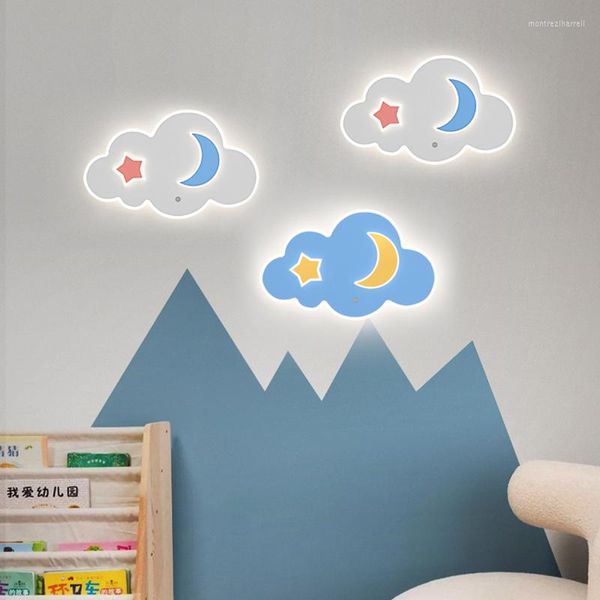 Lampes murales dessin animé étoile lune nuage LED 220V bleu blanc rose bébé fille enfants enfants lumière pour chambre chevet décor