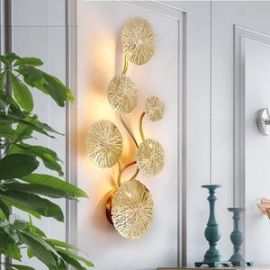 Lámparas de pared Lustre de cobre lámpara de hoja de loto dorado Vintage Retro mesita de noche decoración artística para el hogar apliques de iluminación G4 BulbWall