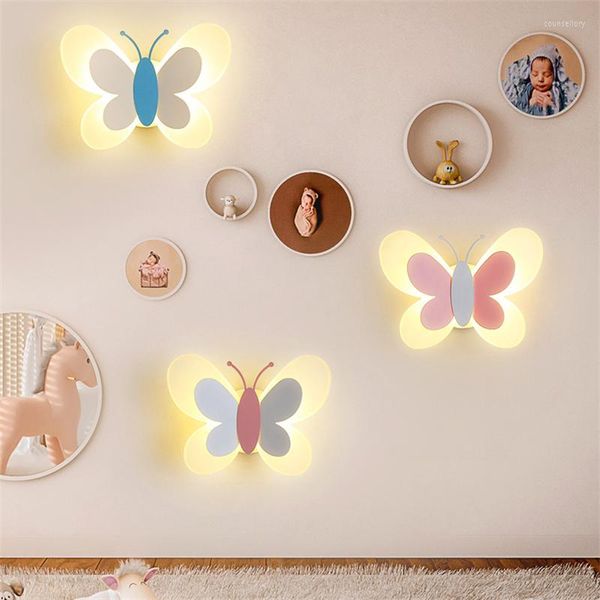 Lámparas de pared Linda lámpara de mariposa rosa azul Luz interior creativa para niños Niño Niña Niño Bebé Dormitorio Decoración de la escuela Sconce