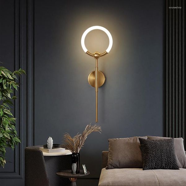 Lámparas de pared, accesorios de luces Led decorativas, lámpara de varita nórdica, luz de espejo de baño, lámpara redonda moderna dorada y negra