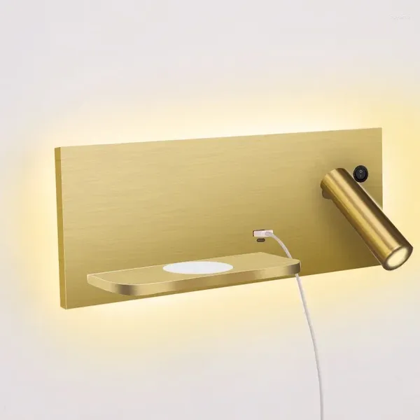 Lámparas de pared Gold Luxury Reading Light El dormitorio Bardeo inalámbrico Board de cargador USB Outlet Dual Switch LED accesorios