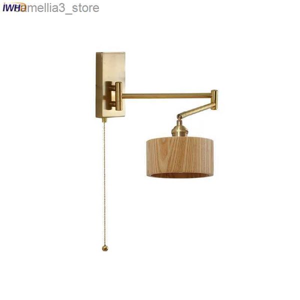 Mur Lampes IWHD gauche droite rotation mur LED applique applique tirer chaîne interrupteur chambre salle de bain miroir escalier lumière en bois abat-jour Wandlamp Q231127