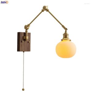 Lámparas de pared IWHD, accesorios de iluminación LED de bola de cerámica blanca, interruptor de cadena de tracción, brazo largo de cobre, rotación izquierda y derecha, lámpara de lado moderna nórdica