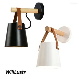 Wandlampen lederen riem ijzer houten sconce licht metaal lamp cottage american country café bar bedbank sofa zijkant el wit zwart