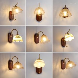 Wandlampen Minimalistisch Slaapkamer Bedlampje Amerikaans Retro Woonkamer Gang Massief Hout Glas LED