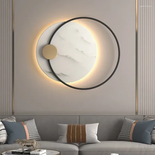 Lampes murales LED modernes lumières en métal noir avec marbre fantaisie luxe lumière chaude chambre salon El décoration grande lampe ronde