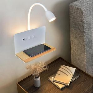 Wall Lamps Modern Wireless Charging Wooden Indoor LED Lamp With USB Lighting Switch Reading 8W Light Living Room Bedside Decov