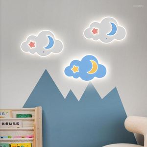 Lámparas de pared, lámpara azul nórdica, luz de luna y estrella para niños, habitación de bebé, dormitorio, iluminación de fondo, accesorios de madera, decoración