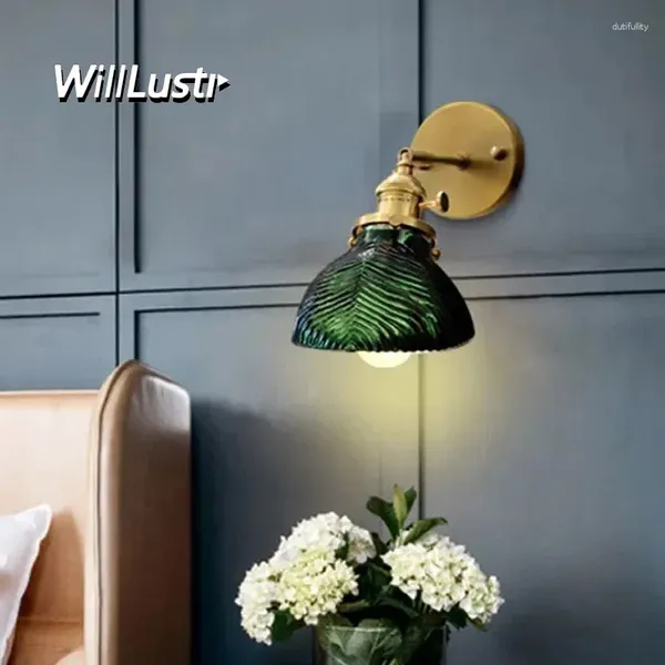 Lampes murales nordique Green Glass Light Light Brass Retro Sconce Porch Corridor Restaurant El Bedside Exquis Vintage Lighting