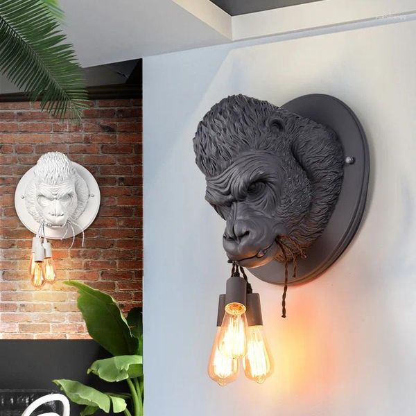 Lámparas de pared Nordic Resin Gorilla Led Light Animal Bite Line para decoración para sala de estar Dormitorio Café Restaurante Pasillo Sconce