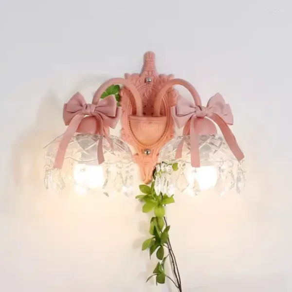 Lampes murales Rose Princesse Chambre Chevet Mignon Arc Cristal Verre Lampe Moderne Romantique Chaud Petite Fille Décor Lumières