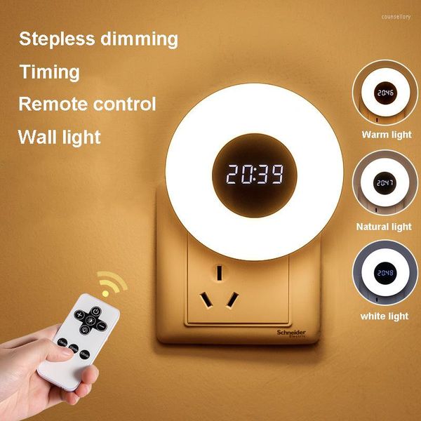 Lámparas de pared Control remoto Led Luz de noche 3 colores Reloj de tiempo Lámpara Atenuación continua Dormitorio Bebé Alimentación Niños