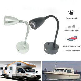 Lampes murales RV LED Liseuse DC12V 24V Smart Touch Dimmable Flexible Col de Cygne Applique Murale pour Camping-Car Yacht Cabine avec Port de Chargeur USB