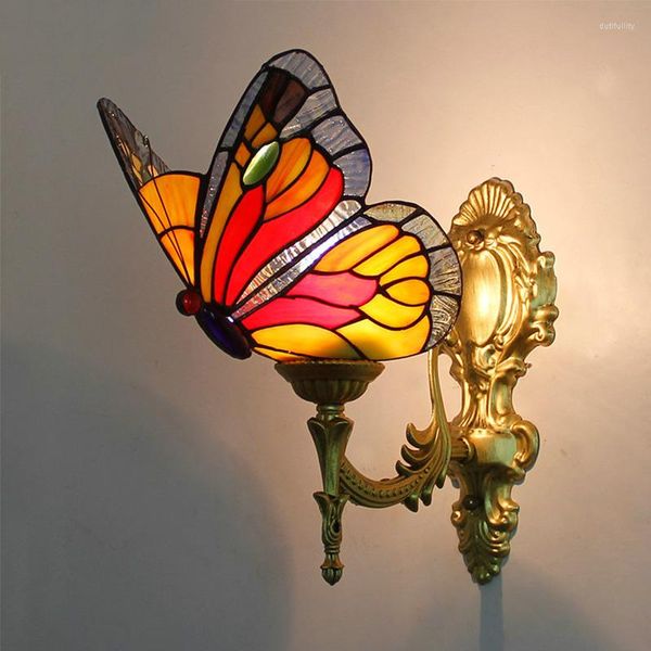 Lámparas de pared Tiffany Barroco europeo Lámpara vintage Dormitorio Pasillo Pasillo Vidrieras Pantalla Mariposa Luz