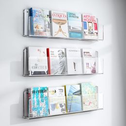 Carpeta de organizador de estantería flotante de revista acrílico de montaje acrílico de pared, estantes de exhibición de estantes de almacenamiento de literatura colgante