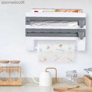 Wandmontage Papieren Handdoek Houder Saus Flessenrek 4 In 1 Vershoudfolie Snijden Houder Mutifunction Keuken Organizer L230704