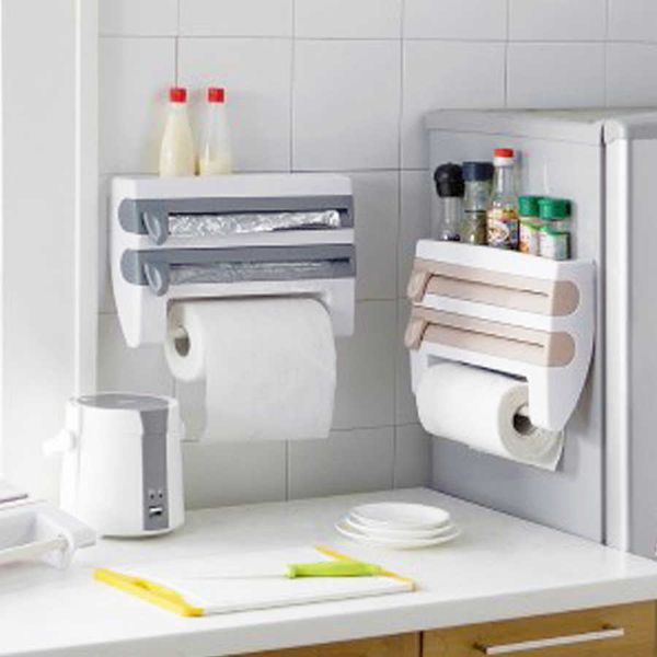 Soporte para toallas de papel de montaje en pared, estante de almacenamiento para botellas de salsa, cortador de película de plástico 4 en 1, organizador de cocina multifunción 210705