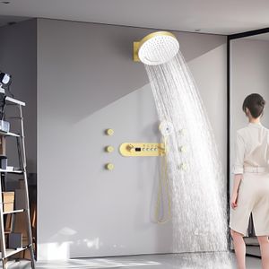 Système de douche à affichage thermostatique mural, ensemble de douche de bain en or brossé avec haute pression, 6 pulvérisations corporelles, douche en laiton