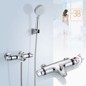 Wall Mount Thermostatic Shower Faucet Mixers Chrome Dual Handle Bathroom Hand Held Bath Shower Taps