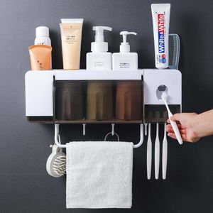 Support mural Porte-brosse à dents Dentifrice Squeezer Distributeur Ventouse Set Accueil Accessoires de salle de bain Support de rangement avec tasses Set 210322