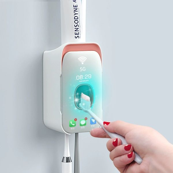 Distributeur de presse-dentifrice automatique mural porte-brosse à dents en plastique anti-poussière pour accessoires de salle de bain de toilette