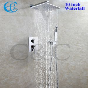 Juego de grifo de ducha de cascada para baño, cabezales de ducha de lluvia cromados de latón de 10 pulgadas con válvula mezcladora de ducha integrada 002V-WS25X25-2G