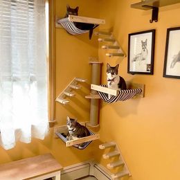 Poteaux à gratter muraux pour chats, étagères en hamac avec marches en bois massif, meubles à pédales pour chats d'intérieur, chatons dormant 240227