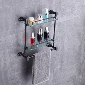 Estante de baño de vidrio bronce frotado con aceite montado en la pared, toallero de doble palanca, estante para toallas Storage212e