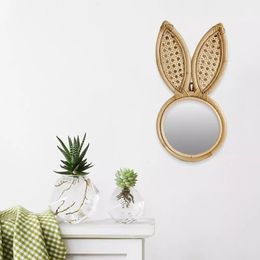Montado en la pared de ratán hecho a mano decorativo conejo oreja mono maquillaje espejo colgante redondo decoración pared compacta