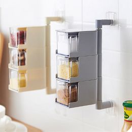 Caja de especias portátil sin costuras montada en la pared, juego de tarros de condimentos de plástico, caja de juego de condimentos sólidos de sal MSG para cocina