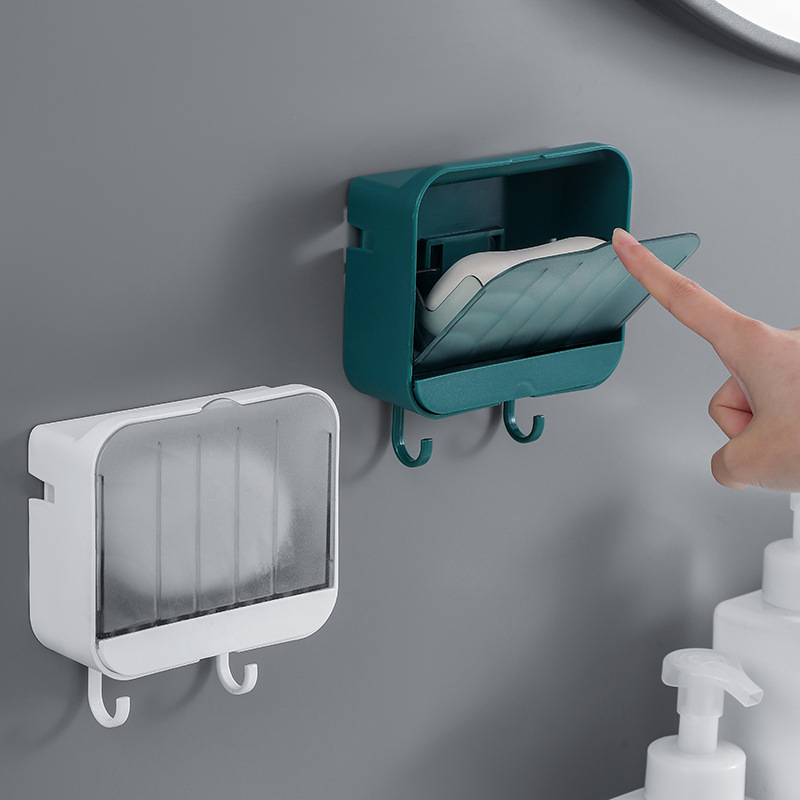 Support de vidange de boîte à savon mural sans poinçon avec couvercle anti-poussière et crochet support de douche de salle de bain fournitures de salle de bain